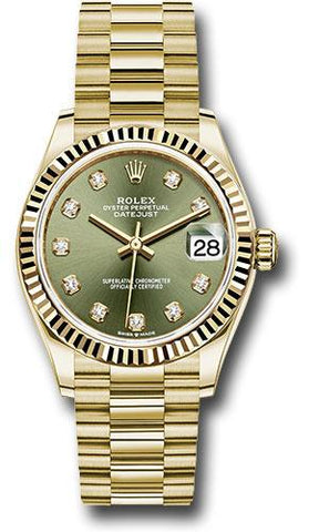 Rolex Yellow Gold Datejust 31 Watch - Fluted Bezel - Olive Green Diamond Dial - President Bracelet - 278278 ogdp