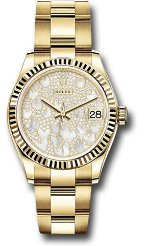 Rolex Yellow Gold Datejust 31 Watch - Fluted Bezel - Paved Mother-of-Pearl Butterfly Dial - Oyster Bracelet - 278278 pmopbo