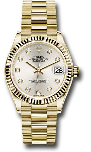 Rolex Yellow Gold Datejust 31 Watch - Fluted Bezel - Silver Diamond Dial - President Bracelet - 278278 sdp