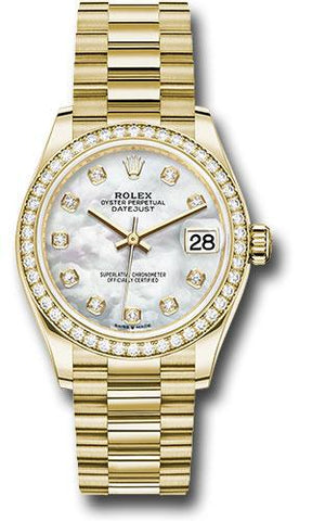 Rolex Yellow Gold Datejust 31 Watch - Diamond Bezel - Mother-of-Pearl Diamond Dial - President Bracelet - 278288RBR mdp