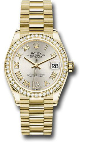 Rolex Yellow Gold Datejust 31 Watch - Diamond Bezel - Silver Diamond Six Dial - President Bracelet - 278288RBR sdr6p