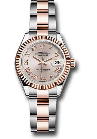 Rolex Steel and Everose Gold Rolesor Lady-Datejust 28 Watch - Fluted Bezel - Sundust Roman Dial - Oyster Bracelet - 279171 suro