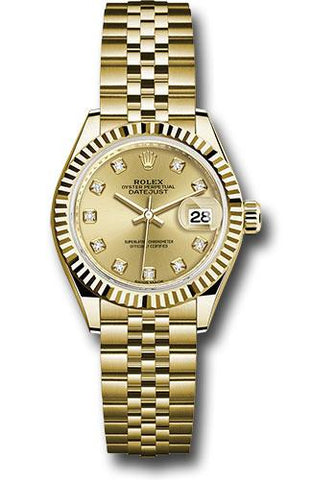 Rolex Yellow Gold Lady-Datejust 28 Watch - Fluted Bezel - Champagne Diamond Dial - Jubilee Bracelet - 279178 chdj