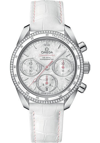 Omega Speedmaster 38 Co-Axial Chronograph Watch - 38 mm Steel Case - Dual Diamond Bezel - Mother-Of-Pearl Diamond Dial - White Leather Strap - 324.38.38.50.55.001