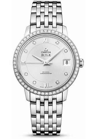 Omega De Ville Prestige Co-Axial Watch - 32.7 mm Steel Case - Diamond Bezel - Silver Diamond Dial - 424.15.33.20.52.001