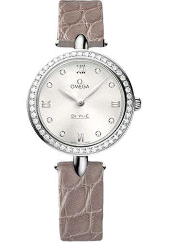 Omega De Ville Prestige Quartz Dewdrop Watch - 27.4 mm Steel Case - Radiant Diamond Paved Bezel - Silvery-Sun Dial - Leather Strap - 424.18.27.60.52.001