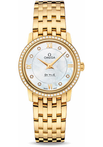 Omega De Ville Prestige Quartz Watch - 27.4 mm Yellow Gold Case - Diamond Bezel - Mother-Of-Pearl Diamond Dial - 424.55.27.60.55.001