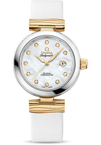 Omega De Ville Ladymatic Omega Co-Axial Watch - 34 mm Steel Case - White Diamond Dial - White Leather Strap - 425.22.34.20.55.003