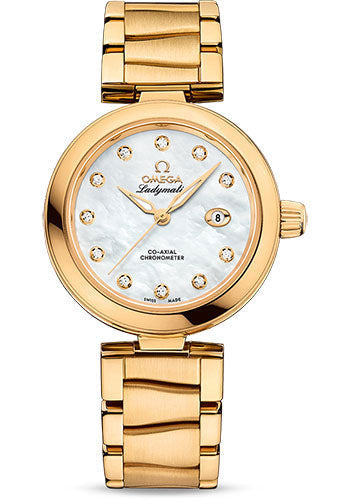 Omega De Ville Ladymatic Omega Co-Axial Watch - 34 mm Yellow Gold Case - White Diamond Dial - 425.60.34.20.55.003