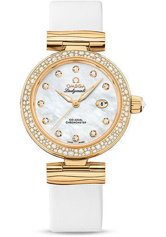 Omega De Ville Ladymatic Omega Co-Axial Watch - 34 mm Yellow Gold Case - Diamond Bezel - White Diamond Dial - White Leather Strap - 425.67.34.20.55.007