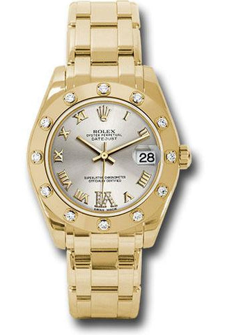 Rolex Yellow Gold Datejust Pearlmaster 34 Watch - 12 Diamond Bezel - Silver Diamond Roman VI Dial - 81318 sdr6