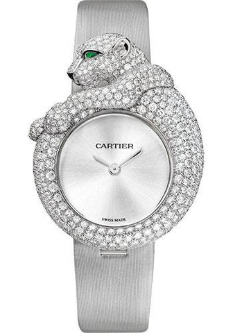 Cartier Feline de Cartier Watch - 43 mm White Gold Diamond Case - Light Gray Fabric Strap - HPI00341