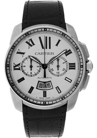 Cartier Calibre de Cartier Chronograph Watch - 42 mm Steel Case - Silver Dial - Black Alligator Strap - W7100046