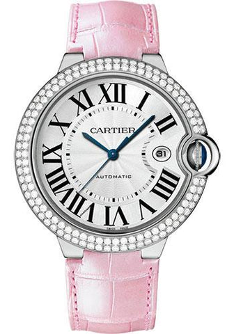 Cartier Ballon Bleu de Cartier Watch - 42 mm White Gold Diamond Case - White Dial - Pink Alligator Strap - WJBB0032