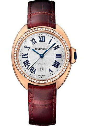 Cartier Cle De Cartier Watch - 31 mm Pink Gold Diamond Case - Diamond Bezel - Silver Dial - Bordeaux Alligator Strap - WJCL0016