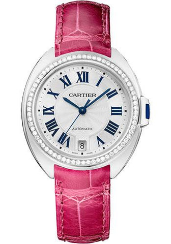 Cartier Cle de Cartier Watch - 35 mm White Gold Diamond Case - White Dial - Fuchsia Pink Alligator Strap - WJCL0049