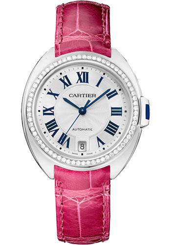 Cartier Cle de Cartier Watch - 35 mm White Gold Diamond Case - White Dial - Fuchsia Pink Alligator Strap - WJCL0049